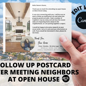 Carte postale MODIFIABLE | Modèle Canva | Modèle personnalisable | Suivi des voisins après la carte postale imprimable de la journée portes ouvertes | Modèle d'agent immobilier