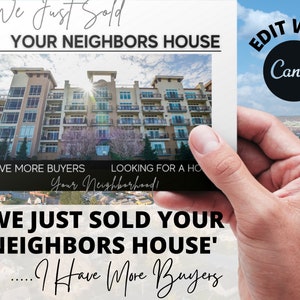 Carte postale MODIFIABLE | Modèle Canva | Modèle numérique personnalisable | Nous venons de vendre la maison de vos voisins Carte postale imprimable | Agent immobilier Carte postale