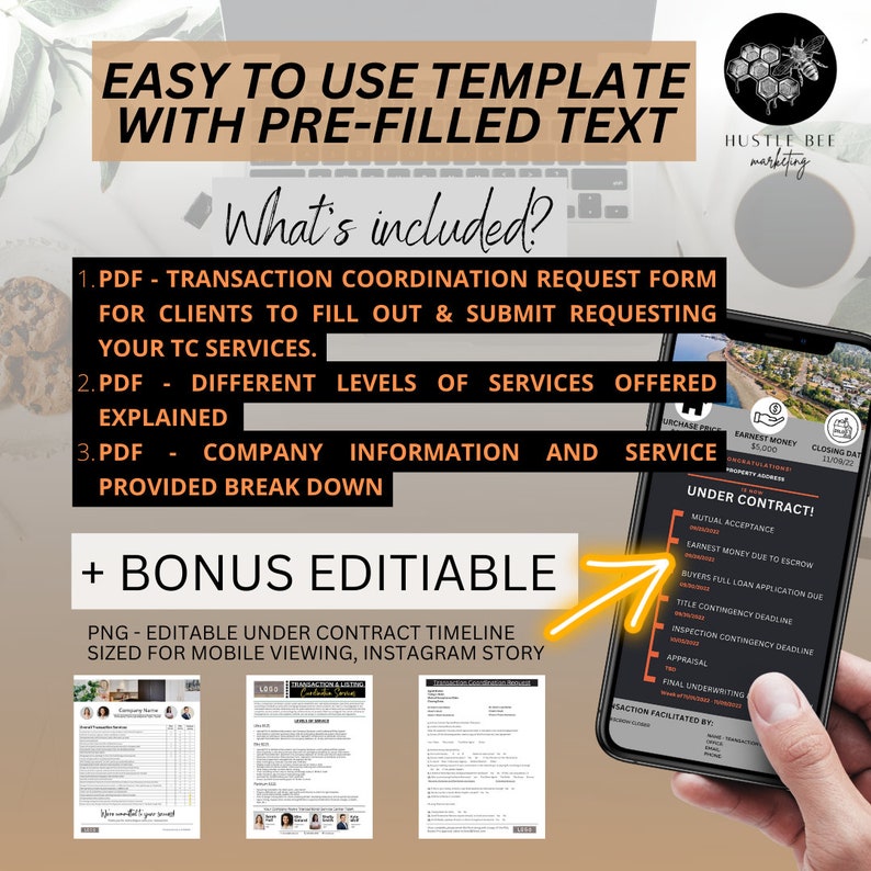 May include: A digital marketing template for real estate agents. The template includes a transaction coordination request form, different levels of services offered, company information, and a bonus editable under contract timeline. The template is designed to be used for mobile viewing and Instagram stories.