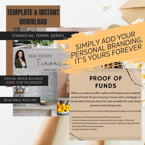 Puede incluir: Una plantilla de marketing digital con el texto "TEMPLATE & INSTANT DOWNLOAD" y "FINANCIAL TERMS SERIES". La imagen incluye una tarjeta de visita de un agente inmobiliario, un documento "PROOF OF FUNDS" y la frase "SIMPLY ADD YOUR PERSONAL BRANDING, IT'S YOURS FOREVER."