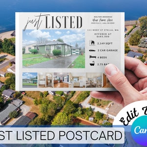 Carte postale EDITABLE Agent Mailer | Modèle Canva | Modèle numérique personnalisable | Carte postale imprimable juste répertoriée | Modèle de Carte postale d'agent immobilier