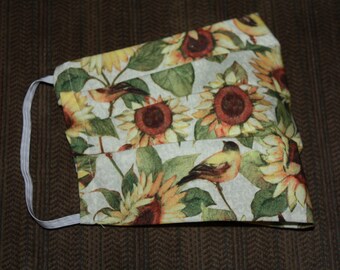 Sunflowers Bird Mask Adult Size Yellow Floral Birds Washable Cloth Filter Pocket 2-Layers  USA