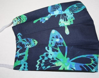 Butterfly Face Mask Cotton Washable Cloth Blue & Green Adult Size Filter Pocket 2-Layers