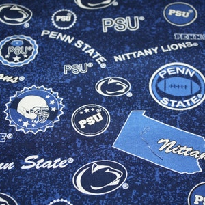 Penn State Cotton Fabric Material Nittany Lions 1/4 Yard 9&quot; x 43&quot; Blue Background Perfect for Face Masks or Crafts