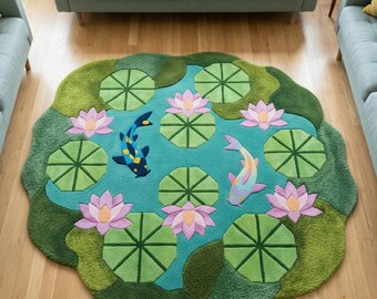 Alfombra tejida a mano con diseño de peces de estanque, inspirada en la naturaleza, para dormitorio.