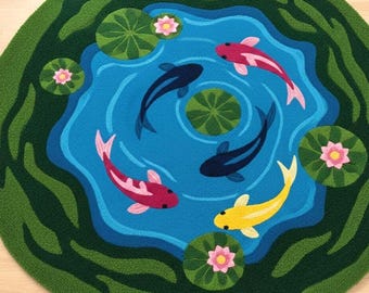 Pond & Garden Canopy Fish Wool Rug,Nature-Inspired Hand Tufted Carpet for bedroom
