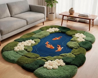 Alfombra irregular con diseño de peces koi en forma de estanque, color verde musgo, hecha a mano, para decoración del hogar, sala de estar y dormitorio.
