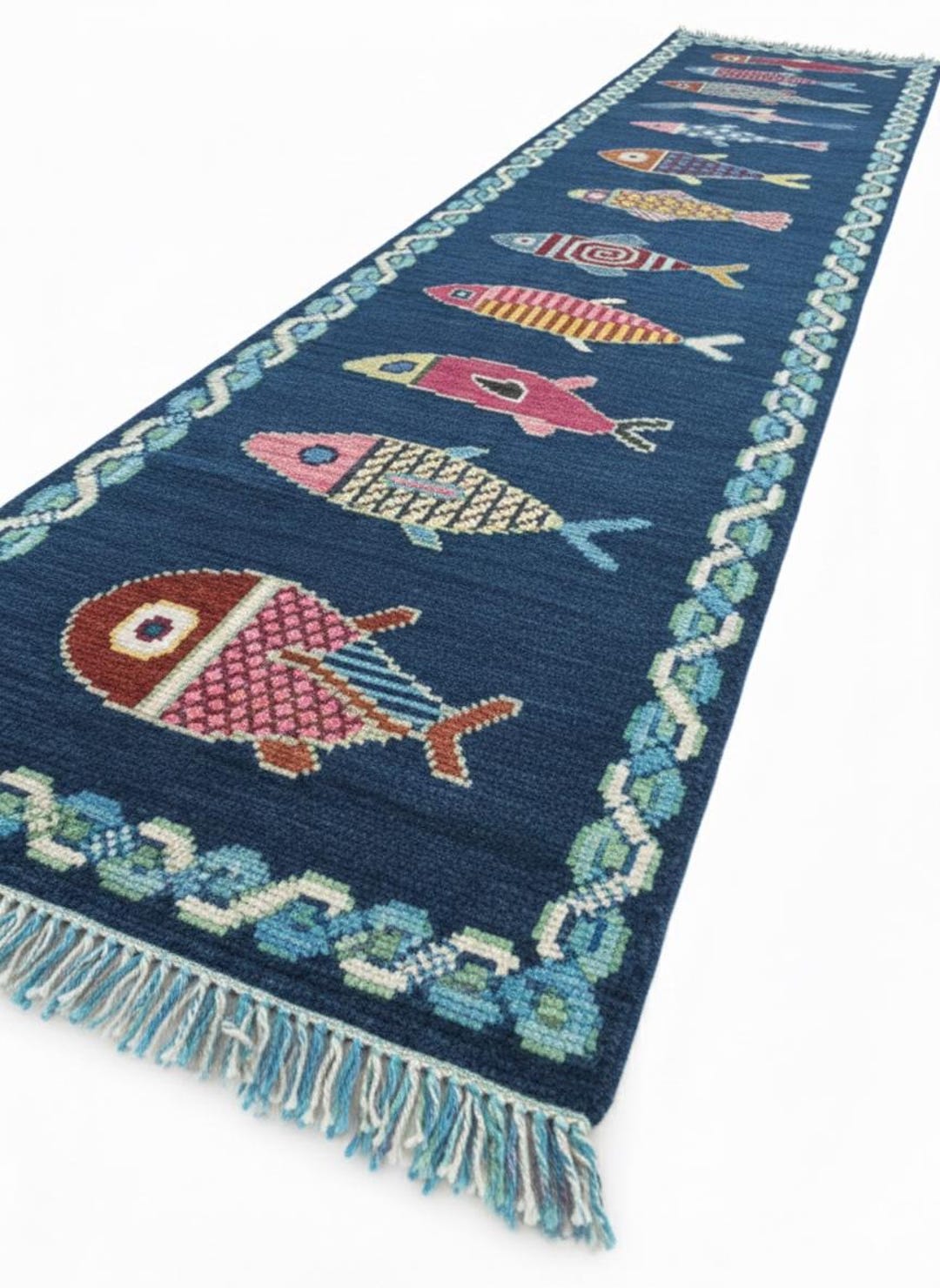 Blue Fish Pattern Runner Rug Handmade Nautical Area Rug for Hallway ...
