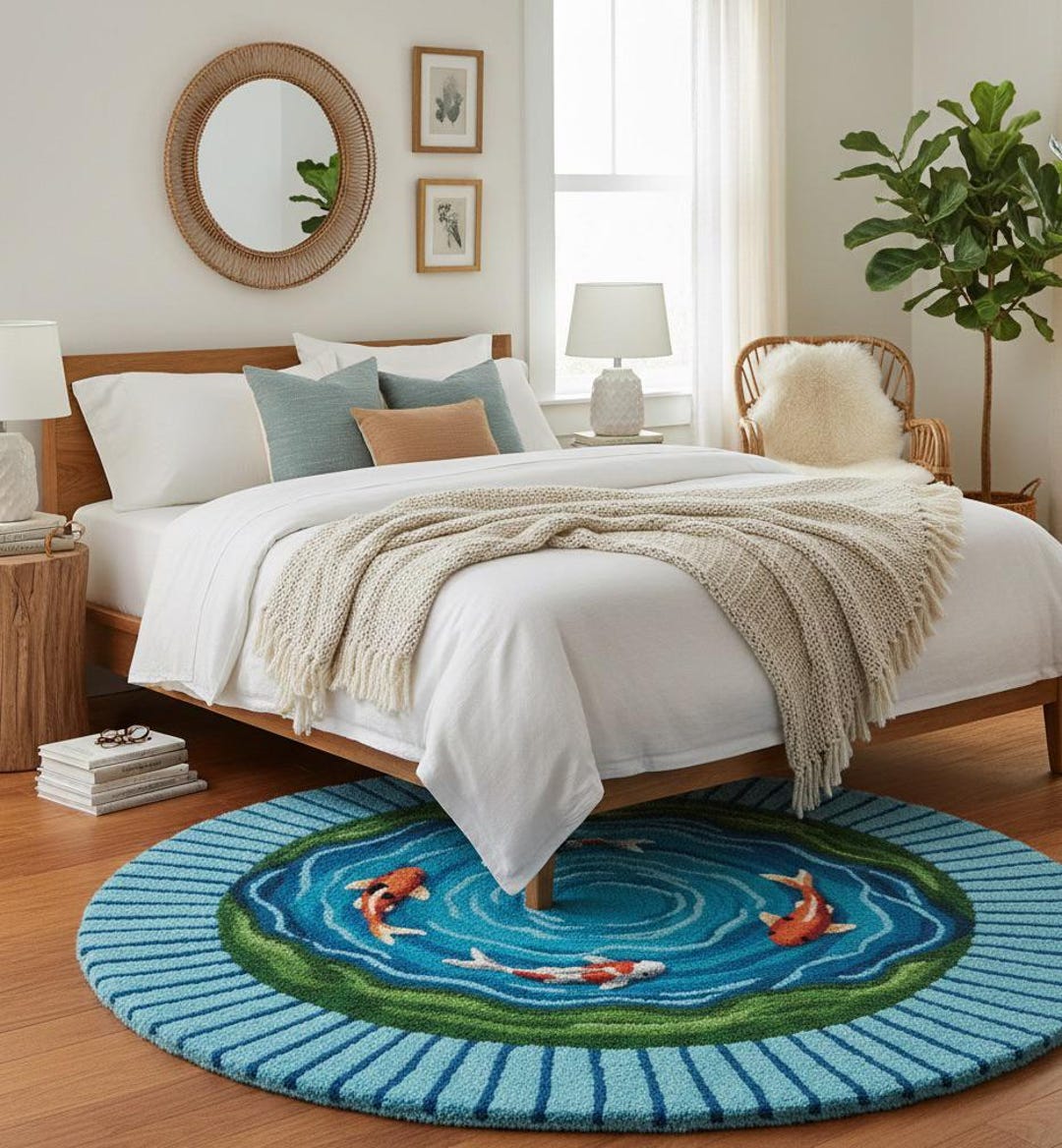 Round Koi Fish Pond Area Rug Nature Inspired Japanese Style Carpet for ...
