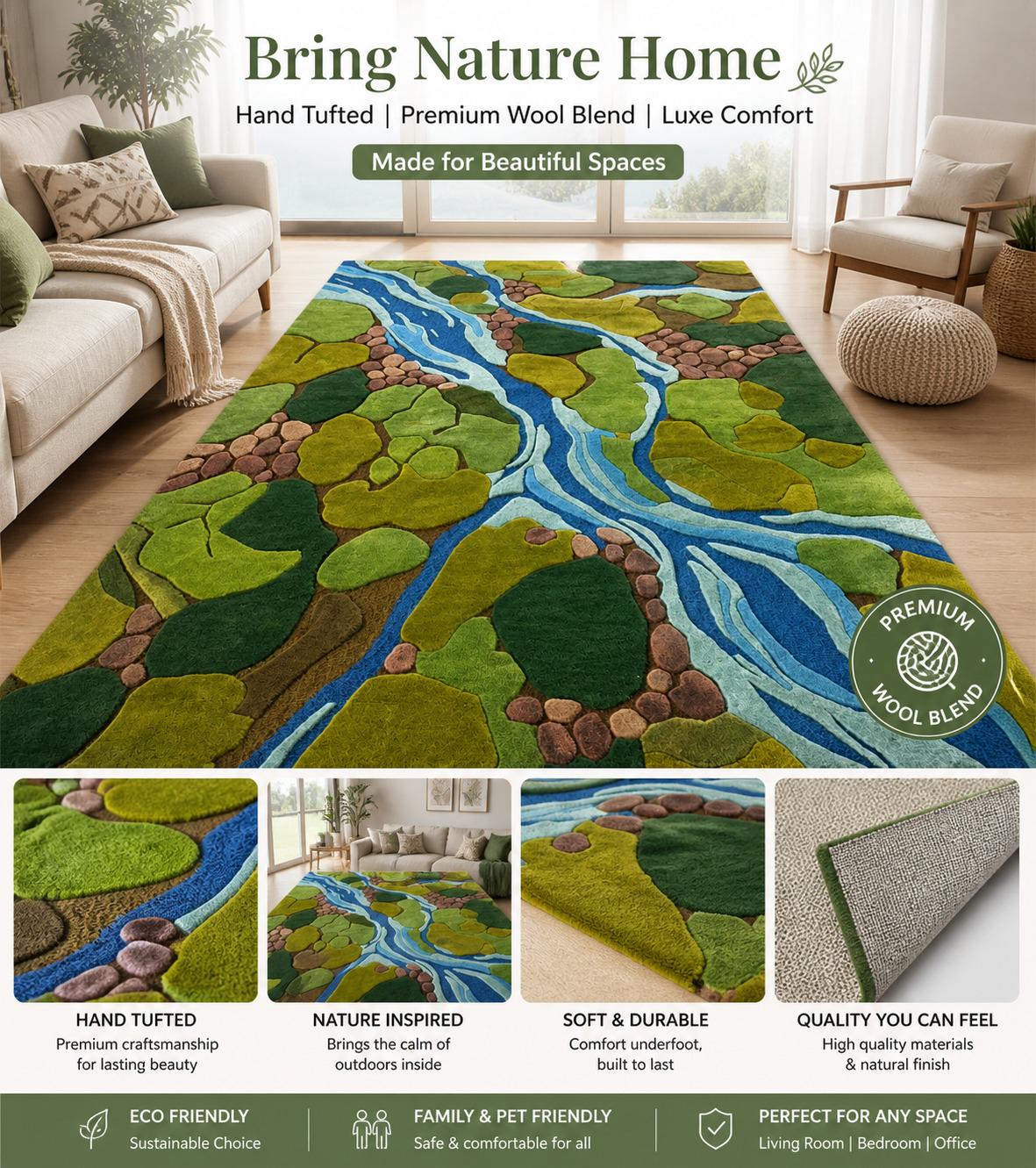 Hand Tufted Moss River Rug – Organic Wool Area Rug With 3D Forest Vibe ...