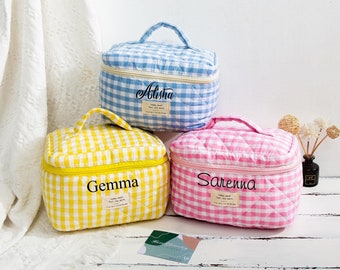 Custom Checkered Makeup Bag, Retro Bachelorette Party Favors, Bridesmaids Proposal Toiletry bag, Pink Blue Green Cosmetic Bag, Zipper Pouch