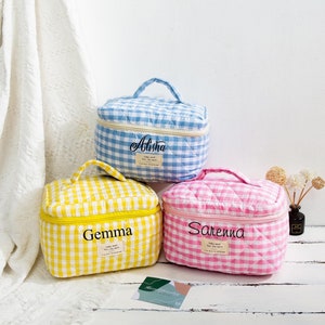 Bolsa de maquillaje a cuadros personalizada, favores de despedida de soltera retro, bolsa de artículos de tocador para propuesta de damas de honor, bolsa cosmética verde azul rosa, bolsa con cremallera