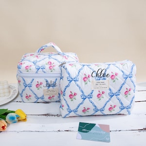 Personalised Blue&Pink Flower Makeup Bag, Vintage Cosmetic Organizer, Cosmetic Bag or mini makeup bag, Toiletry Bag, Travel Case Pouch