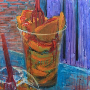 May include: A clear plastic cup filled with sliced fruit, drizzled with a red sauce, and served with a red plastic fork. The fruit appears to be mango or a similar tropical fruit. The painting has a vibrant, colorful aesthetic.