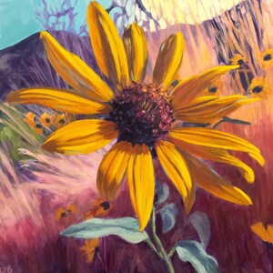 May include: A vibrant painting of a large yellow sunflower with a dark brown center. The petals are detailed and textured. The background features a colorful landscape with other sunflowers and a mountain.