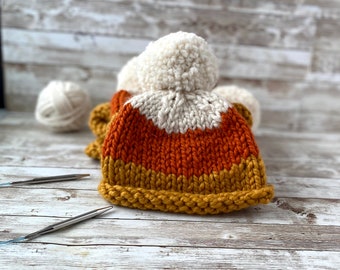 Handknit Hat/ Children's Hat/ candy corn hat/ pompom/ wool and acrylic/ baby hat/gift/Fall/Ready to Ship