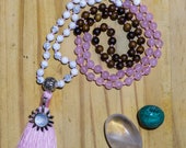 Rose Quartz, Sandalwood, and Howlite 108 Bead Mala Necklace with Sun Pendant