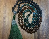 Moss Agate, Lava Stone, and Petrified Wood 108 Bead Mala, with Tree Tassel