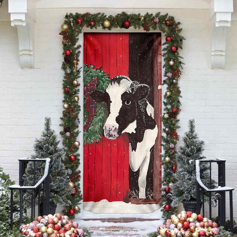 Cow Farmhouse Door Cover Front Door Decor Christmas Door Etsy