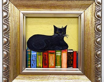 Black Cat Painting: Funny Kitty on Books, Framed Original Art