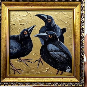 Three Ravens Miniature Oil Painting: Gothic Cottagecore Framed Art