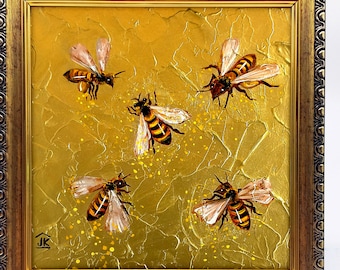 Honeybees Painting: Golden Background Original Art, 6x6