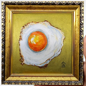 Spiegelei Gemälde: Miniatur Essen Stilleben mit Blattgold