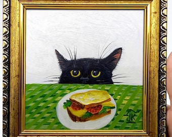 Cuadro del desayuno del gato negro: retrato en miniatura al óleo enmarcado