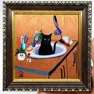 Framed Black Cat Painting: Funny Bathroom Cottagecore Wall Art