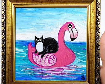 Cuadro de gato negro, flotador de piscina con forma de flamenco, decoración costera, arte para la pared de la casa de playa, regalo para amantes de los gatos