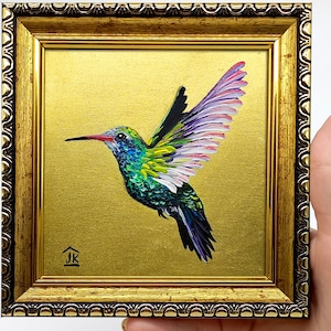 Quadro de Beija-flor emoldurado: Arte de pássaro pintada à mão com folha de ouro