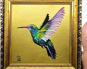 Framed Hummingbird Painting: Hand-Painted Gold Leaf Bird Art