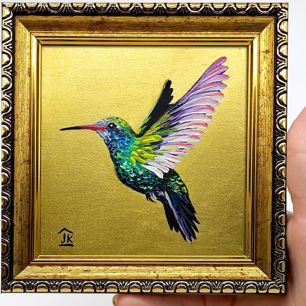 Quadro de Beija-flor emoldurado: Arte de pássaro pintada à mão com folha de ouro