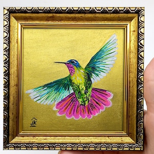 Pintura a óleo de beija-flor pintada à mão: arte de parede emoldurada com folha de ouro