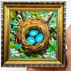 Robin's Eggs Nest Painting: Framed Miniature Wall Art 4 by 4