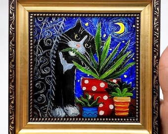 Black Cat Painting, Plants, Starry Night Wall Art, Cat Lover Gift, Small Framed Artwork
