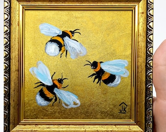 Bumblebee Painting: Golden Background, Framed Bee Wall Art