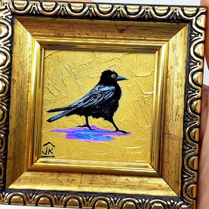 Crow Mini Painting: Whimsical Black Bird Gold Artwork (2x2 inches)