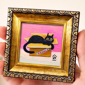 Black Cat Painting, Dopamine Decor, Quirky Kitten in Box, Cat Lover Gift image 1