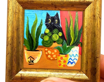 Cuadro de gato negro: Miniatura enmarcada, gatito con flores