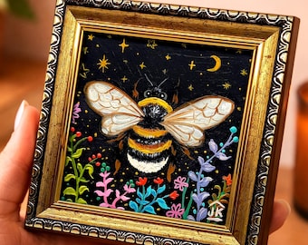 Pintura mística de abelha, decoração bruxa, abelha com lua e estrelas, presente encantador da natureza