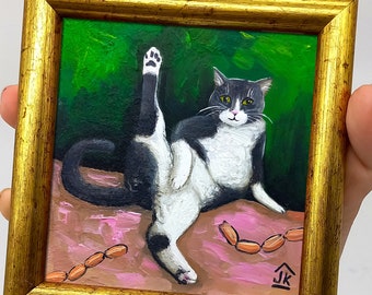 Tuxedo cat painting, framed, pet with sausages art, kitchen wall decor, cat lover gift