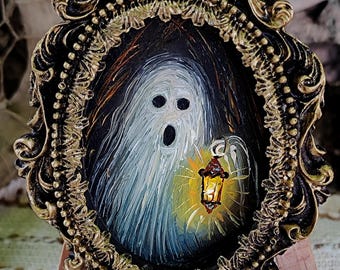 Dipinto a olio di un fantasma: opera d'arte spettrale per Halloween, miniatura su tela