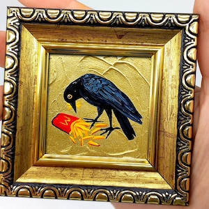 Funny Crow Art: Whimsical Fast Food Oil Painting, Gold Frame