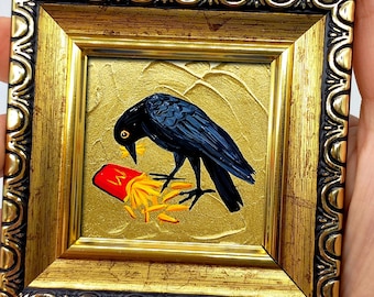 Funny Crow Art: Whimsical Fast Food Oil Painting, Gold Frame