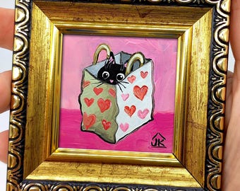 Black Cat Miniature Oil Painting: Funny Kitten in Heart Bag, Framed Art
