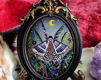 Miniature Moth Oil Painting on Plaster Frame: Dark Academia Gothic Decor