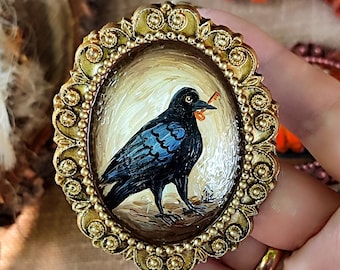 カラスの油絵：黄金の鍵、鳥好きのためのヴィンテージゴシックギフト