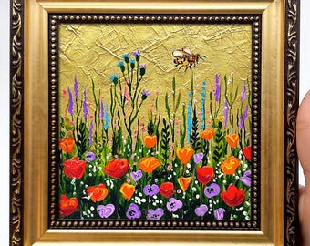 Honeybee and Wildflowers painting Framed poppy art on gold leaf miniature by Julia Kot