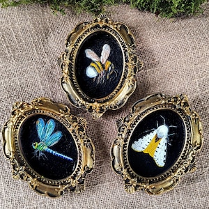 Può includere: Tre opere d'arte di insetti incorniciate. Ognuna presenta un'illustrazione dettagliata di un insetto su sfondo nero, incorniciata in cornici ovali dorate ornate. Gli insetti includono un'ape, una libellula e una falena.